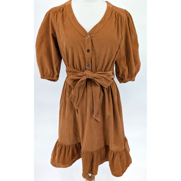 Lucky Brand Brown‎ Corduroy Ruffle Hem Mini Dress M Boho Cottage Indie Festival - Picture 2 of 14